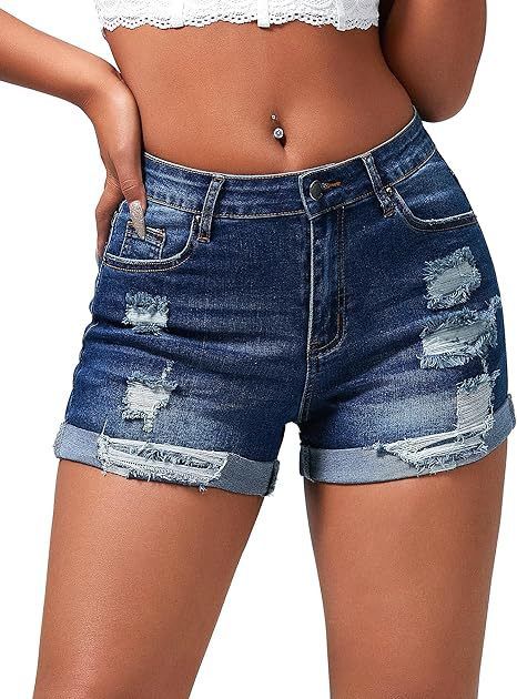 Women's Clothing Summer New Women's Elastic Mid Waist Ripped Hem Denim Shorts_ecoleips.com