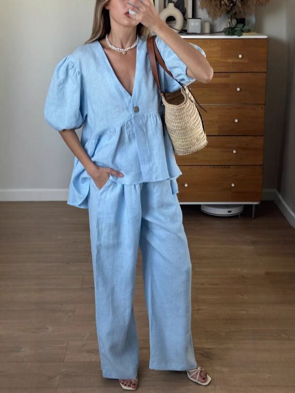 Women's Clothing Sweet Atmosphere Solid Color V Neck Bubble Short Sleeved Trousers Suit_ecoleips.com