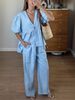 Women's Clothing Sweet Atmosphere Solid Color V Neck Bubble Short Sleeved Trousers Suit_ecoleips.com