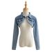 "Women's Cropped Denim Jacket - High Waist Shawl Collar Retro Style (Light Blue/Black Gray)"_ecoleips.com