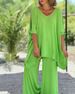 Women's Two-piece Summer Lace-up V-neck Five-sleeve Loose Casual Solid Color Pants Wide-leg Suit_ecoleips.com