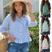 Classic Striped Button-Down Shirt For Women, Casual 3/4 Sleeve Top For Spring Summer Office Wear_ecoleips.com