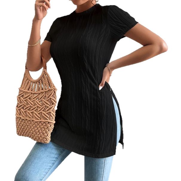 Ribbed Knit Short Sleeve Top With Side Slit, Elegant Casual Crewneck T-Shirt For Women, Spring Summer Basic_ecoleips.com