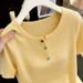 Spring/Summer Women's Knitted Short Sleeve T-Shirt V Neck Straight Shoulder Yellow Slimming Top For Youthful Stylish Look_ecoleips.com