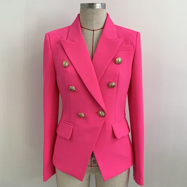 Women's Clothing Celebrity Fashion Metal Lion Head Button Double Breasted Slim Suit Jacket Fluorescent Pink_ecoleips.com