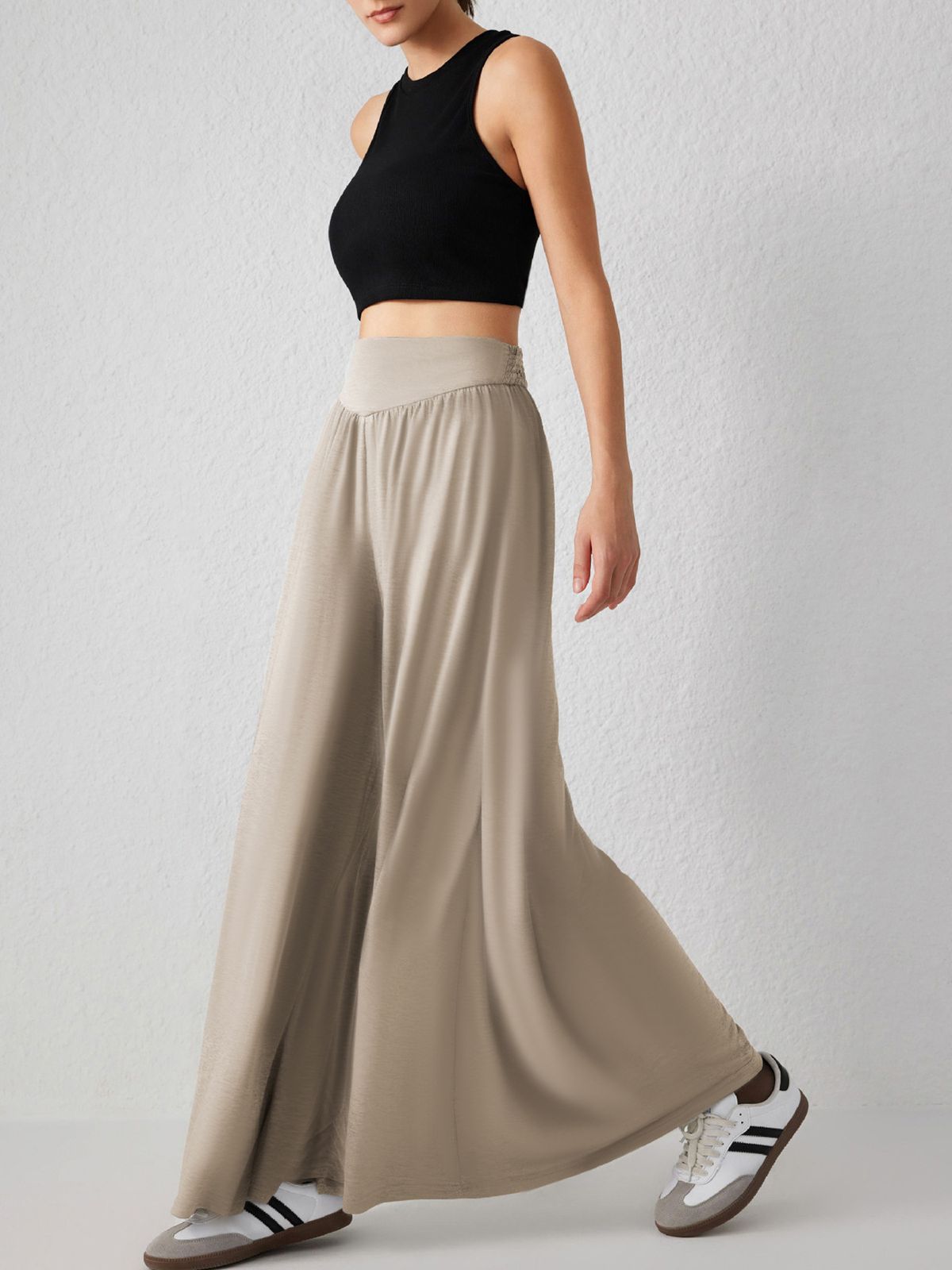 "Elegant Flowy High-Waisted Wide Leg Pants For Women - Soft Stretchy Dance Lounge Pants With Draped Hemline In Multiple Colors"_ecoleips.com