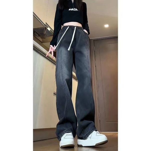 Drawstring Elastic Waist Jeans Spring And Summer, Extended Length For Tall Women, Plus Size, Slimming, Loose Wide-leg_ecoleips.com