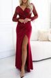 Elegant V-Neck Long Sleeve Wrap Dress With Feather & Sequin Details For Women – High Waist, Slit Hem, Winter Fashion_ecoleips.com