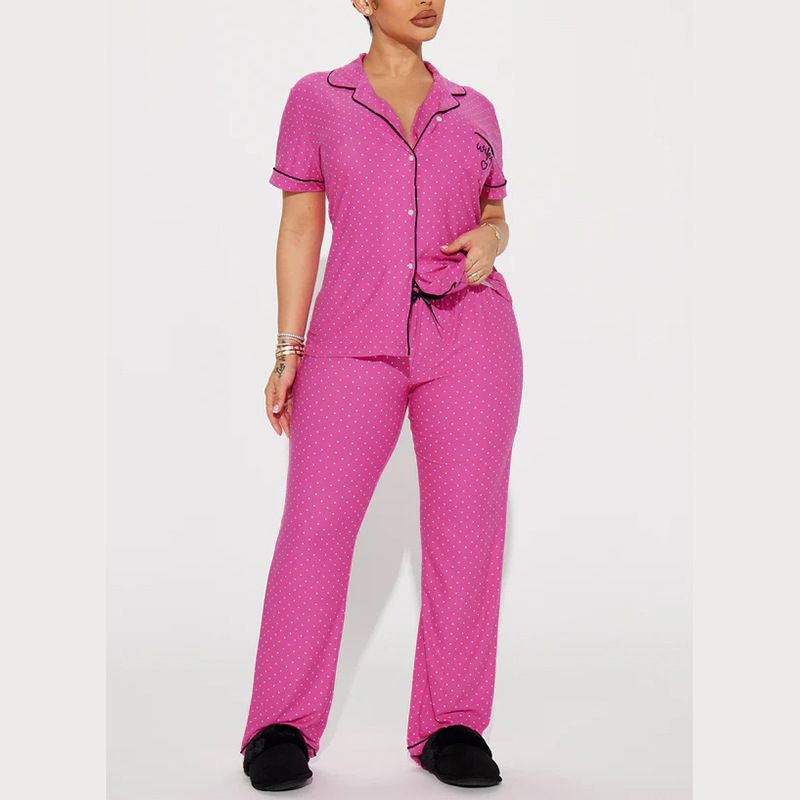 Women's Clothing Home Comfortable Printed Front Open Lapel Short Sleeved Trousers Suit_ecoleips.com