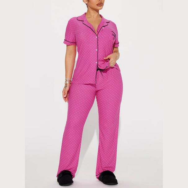 Women's Clothing Home Comfortable Printed Front Open Lapel Short Sleeved Trousers Suit_ecoleips.com