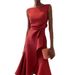 2025 Women's Clothing Sleeveless Red Elegant Dress Round Neck_ecoleips.com