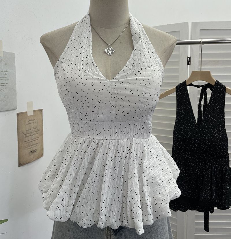 Women's Polka Dot Halter Neck Backless Tank Top With Bow Tie Waist Slimming Short Sleeve Summer Fashion Top_ecoleips.com