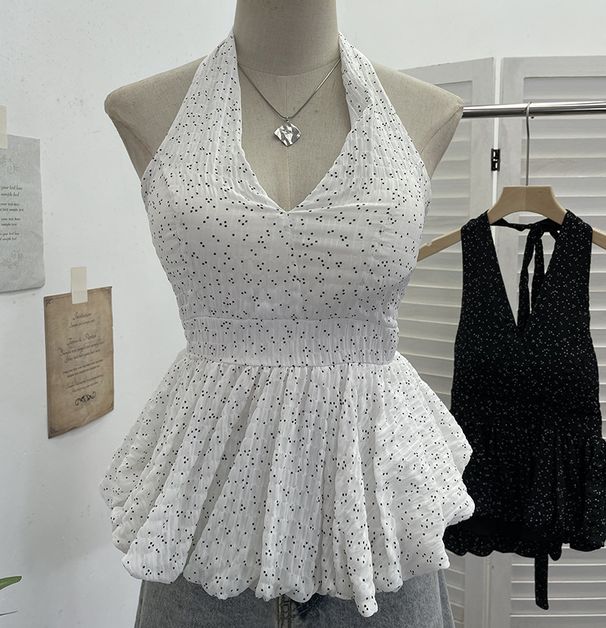 Women's Polka Dot Halter Neck Backless Tank Top With Bow Tie Waist Slimming Short Sleeve Summer Fashion Top_ecoleips.com