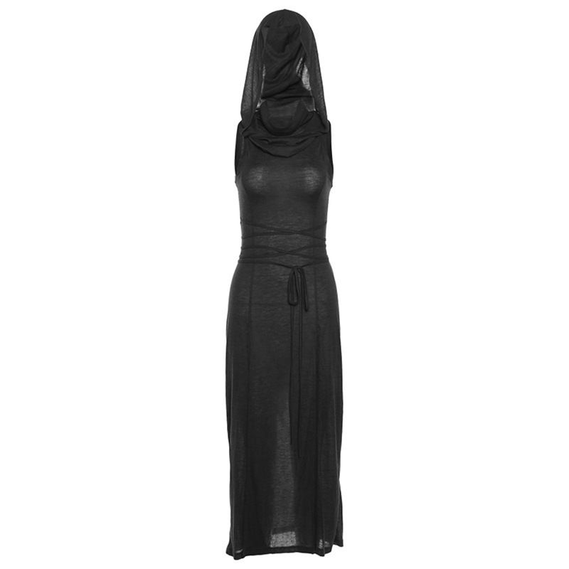 K New Women's Fashion Trend Hooded Hollow Out Backless Sleeveless Slit Long Skirt Dress_ecoleips.com