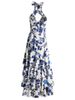 Temperament Elegant Style Waist Thin Long Cake Skirt Summer New Design Printing Neck Dress Women_ecoleips.com