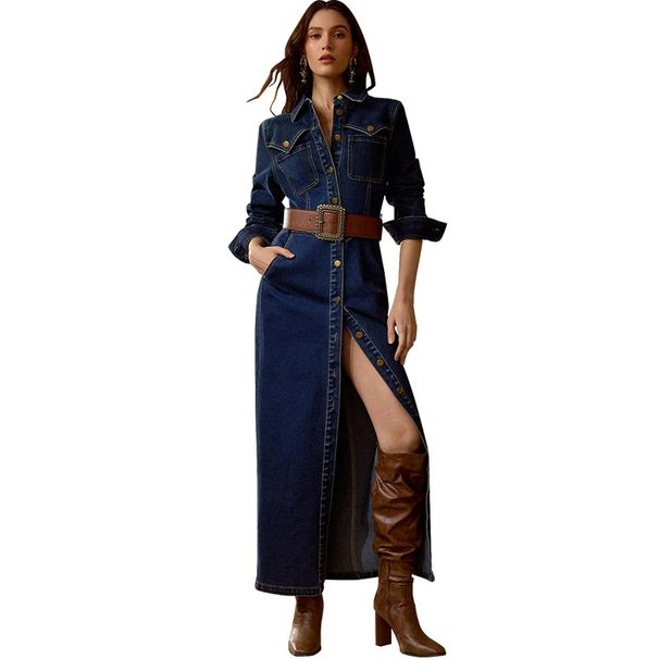 K Women's Long Sleeved Breasted Fashionable Long Dress. Excluding Belt_ecoleips.com