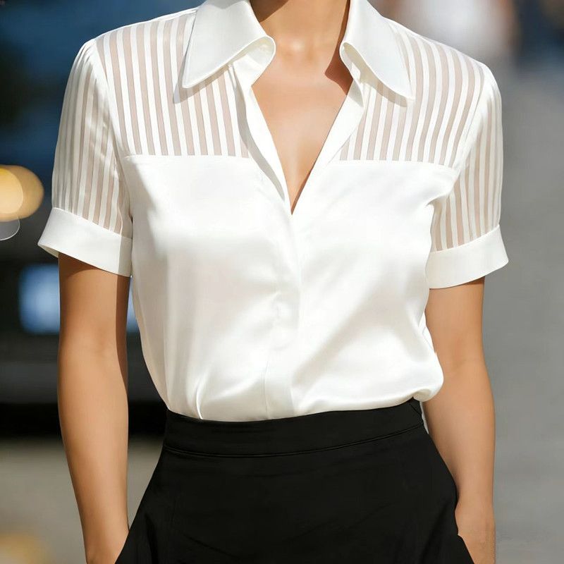 Temperament Commuter V-neck Satin See-through Striped Short-sleeved Shirt_ecoleips.com