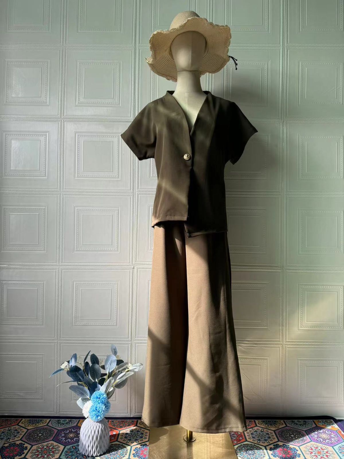 Women's Clothing Spring New Style Temperament Irregular V Neck Top High Waist Trousers Suit Suit_ecoleips.com