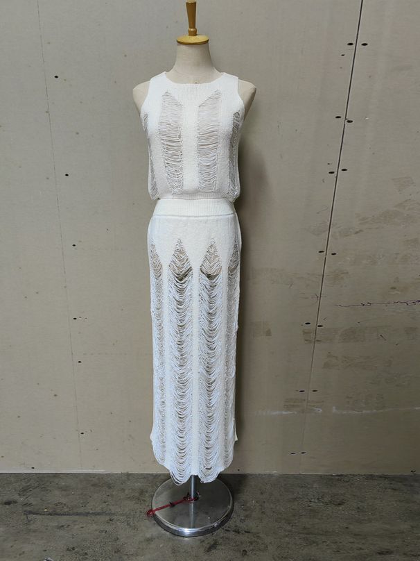 Women's Clothing Summer Fashion Sexy Hot Girl Solid Color Hollow Slit Knitted Skirt Suit Sleeveless Vest + Skirt_ecoleips.com