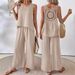 cross-border Women's Clothing Spring/summer Solid Color Hollow Lace Two-piece Set Casual Tank Top Wide-leg Pants_ecoleips.com