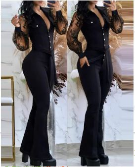 Women's Clothing Elegant Mesh Sleeves V Neck Button Pockets High Waist Lace Up Solid Color Slim Jumpsuit_ecoleips.com