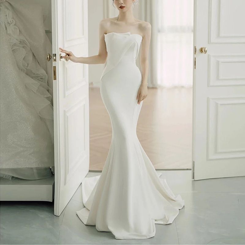 Mermaid Style Light Wedding Dress Satin Strapless Bridal Gown With Short Train Elegant Forest Style Slimming Evening Gown_ecoleips.com