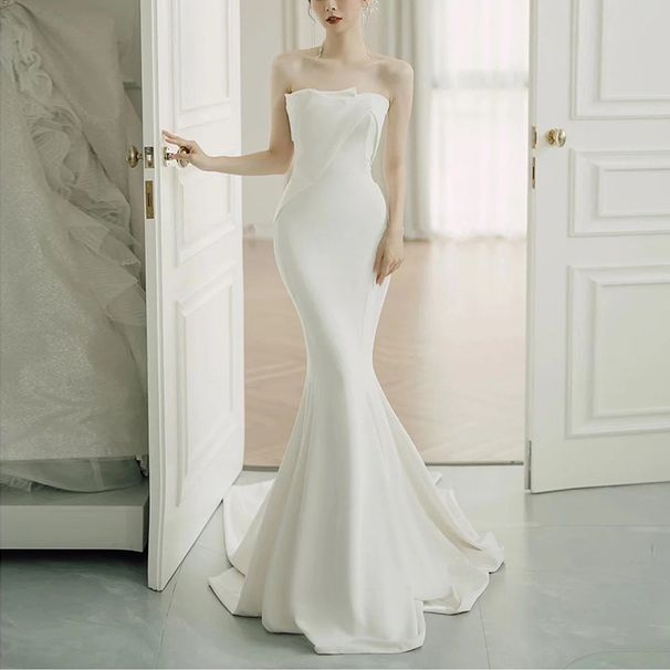 Mermaid Style Light Wedding Dress Satin Strapless Bridal Gown With Short Train Elegant Forest Style Slimming Evening Gown_ecoleips.com