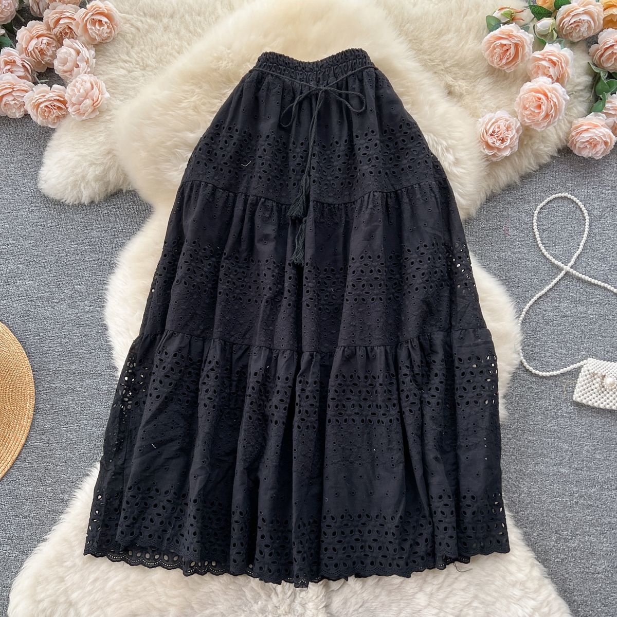 Women's Clothing Temperament Hollow Lace Embroidery Hook Flower Skirt For Women With High Sweet And Versatile Holiday Style Fairy Skirt_ecoleips.com