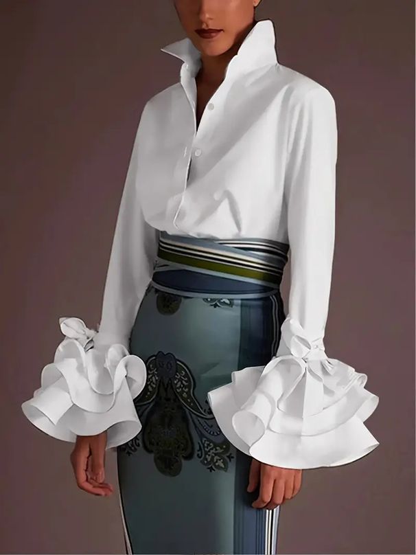 2025 Spring New Women's Fashion Casual Shirt With Ruffled Cuffs And Tie Detail For Cross-Border Foreign Trade_ecoleips.com