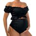 Women's Clothing Loose Belly Covering Split Swimsuit Solid Color Off Shoulder Short Sleeved Tube Top Two Piece Bikini_ecoleips.com