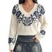Women's V Neck Jacquard Knit Sweater European American Style Retro Rose Print Loose Fit Drop Shoulder Long Sleeve Pullover Top_ecoleips.com