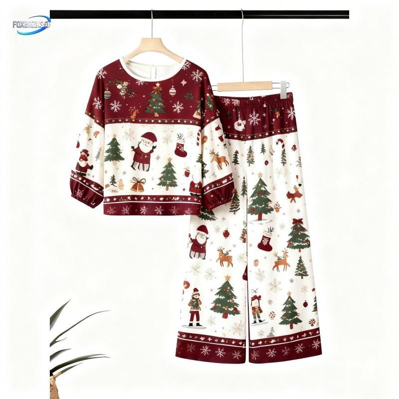 Women's Autumn Fashion Printed Wide Leg Pants Two Piece Set_ecoleips.com