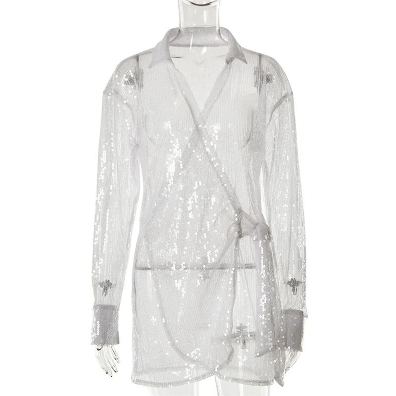 Women Sophisticated Loose‑Fit Commuter Mini Dress With Lapel Collar & Lace‑Up Detail_ecoleips.com