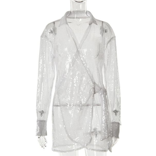 Women Sophisticated Loose‑Fit Commuter Mini Dress With Lapel Collar & Lace‑Up Detail_ecoleips.com