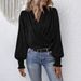 Aria Basics Aria Basics European And American Foreign Trade Clothing Elegant V-neck Ruched Lantern Sleeve Stylish Commuter Women's Solid_ecoleips.com
