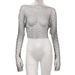 Women's Slim Fit Round Neck Long Sleeve T-Shirt Rhinestone Fishnet Cover Up European American Style Inner Layer Base Shirt Summer Trendy_ecoleips.com