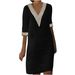 Women's Clothing Cotton And Linen Small V Neck Lace Stitching Retro Solid Color Three Quarter Sleeve Dress_ecoleips.com