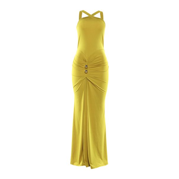 Women's Cross Neck Slimming Fishtail Dress Solid Color Pleated Waist European American Style Autumn Winter Fashion_ecoleips.com