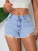 Women's Pearl-Embellished Denim Shorts – Classic Mid-Rise Straight Cut For Casual & Office Wear (Medium Blue/Light Blue, S-XL)_ecoleips.com