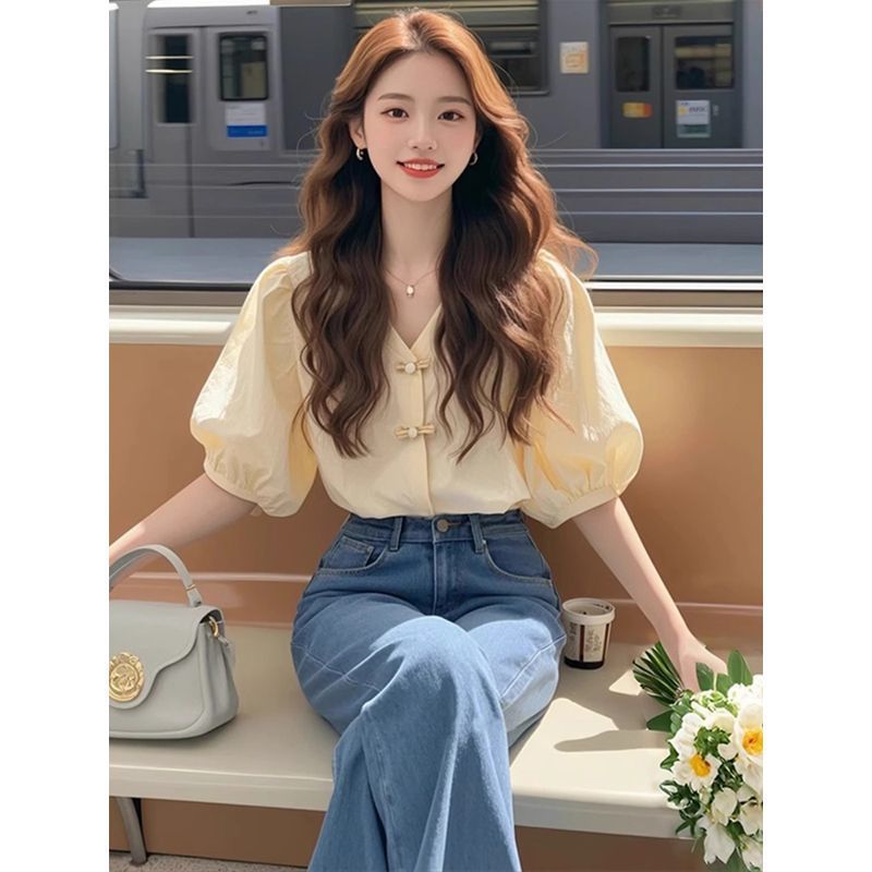 New Chinese Style Apricot Short Shirt For Women Summer Light Luxury High-end Gentle Temperament French Puff Sleeve_ecoleips.com