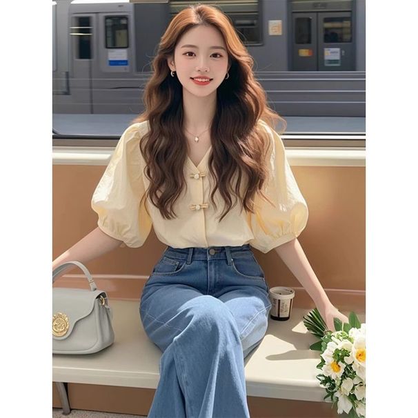 New Chinese Style Apricot Short Shirt For Women Summer Light Luxury High-end Gentle Temperament French Puff Sleeve_ecoleips.com