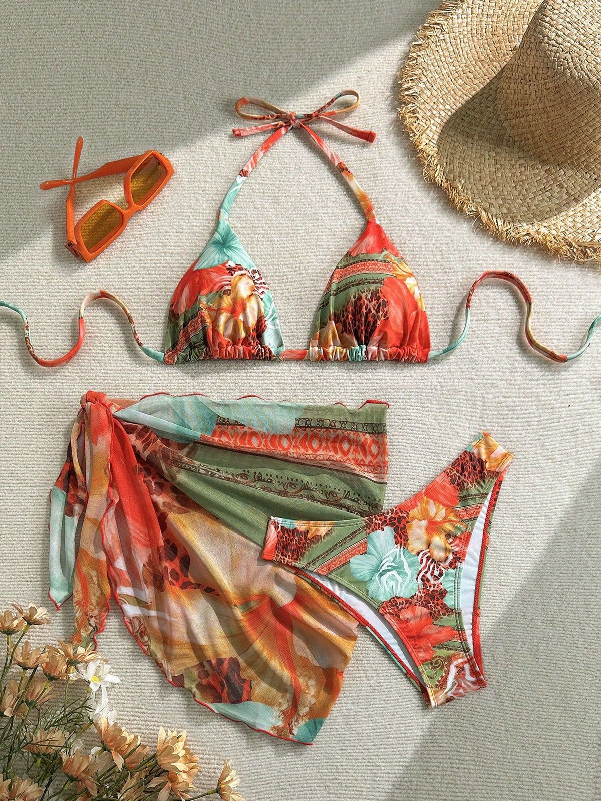 Women's Clothing Floral Print Three Piece Bikini Set Women's Tie Up Swimsuit Sexy Style Inspired Apron Swimwear_ecoleips.com