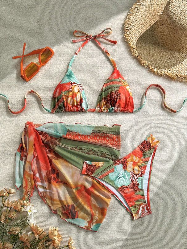 Women's Clothing Floral Print Three Piece Bikini Set Women's Tie Up Swimsuit Sexy Style Inspired Apron Swimwear_ecoleips.com