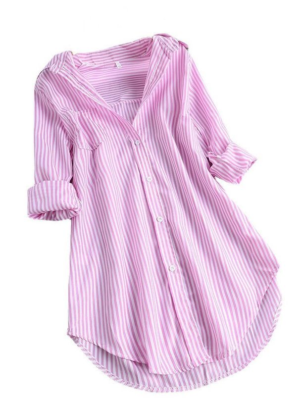 2025 Spring/Summer Unique Striped Long Sleeve Loose Fit Women's Shirt_ecoleips.com