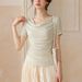 Lyocell Tencel Swing Neck Short Sleeve T-Shirt Women's Summer Waist French Green Shoulder Top_ecoleips.com