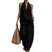 Women's Summer V Neck Backless Halter Neck Vest And Wide Leg Pants Two Piece Set Solid Color European And American Style_ecoleips.com