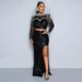 Women's Clothing Fashionable Round Neck Mesh Sequined Long Sleeved Top With High Slit Long Skirt Two Piece Set For Women_ecoleips.com