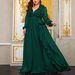 Plus Size V-Neck Chiffon Ball Gown With 3D Lace & Bell Sleeves – Elegant Evening Dress For Women (S-4XL, 3 Colors)_ecoleips.com