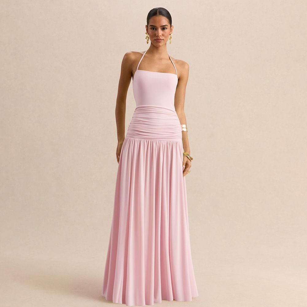 Women's Elegant Halter Neck Dress with Tie up Backless Suspender European American Style Slim Waist Ruched Design Cross Border E Commerce_ecoleips.com