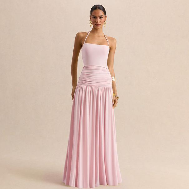 Women's Elegant Halter Neck Dress with Tie up Backless Suspender European American Style Slim Waist Ruched Design Cross Border E Commerce_ecoleips.com